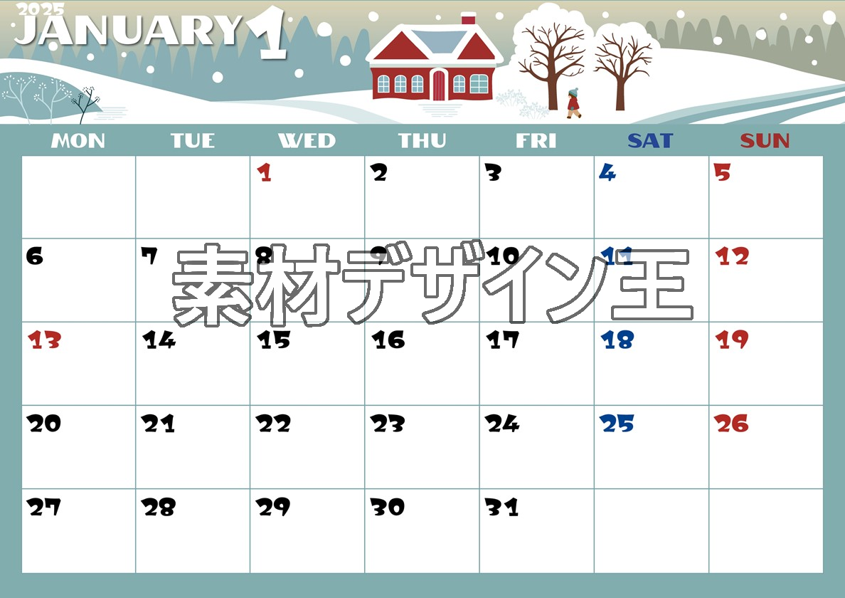 0014-2025年1月カレンダー 横型・月曜始まり