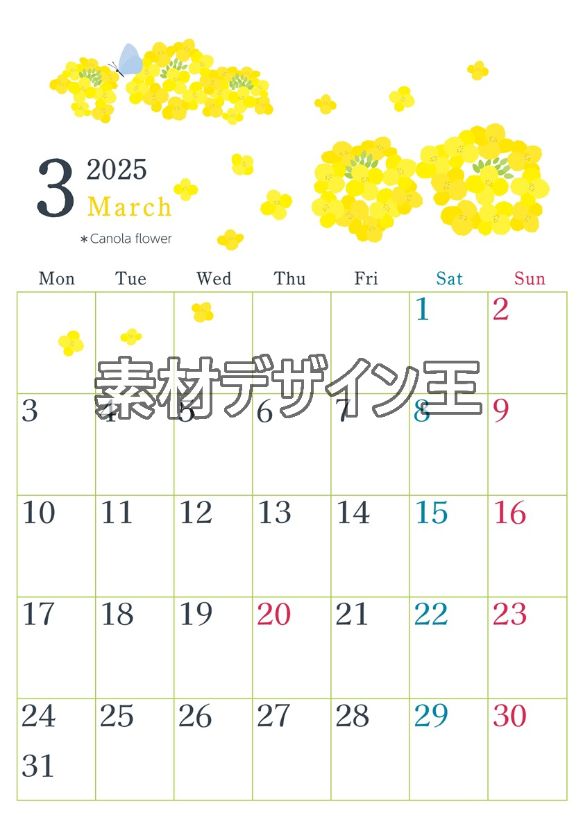 2025年3月縦型の月曜始まり 菜の花イラストのかわいいA4無料カレンダー