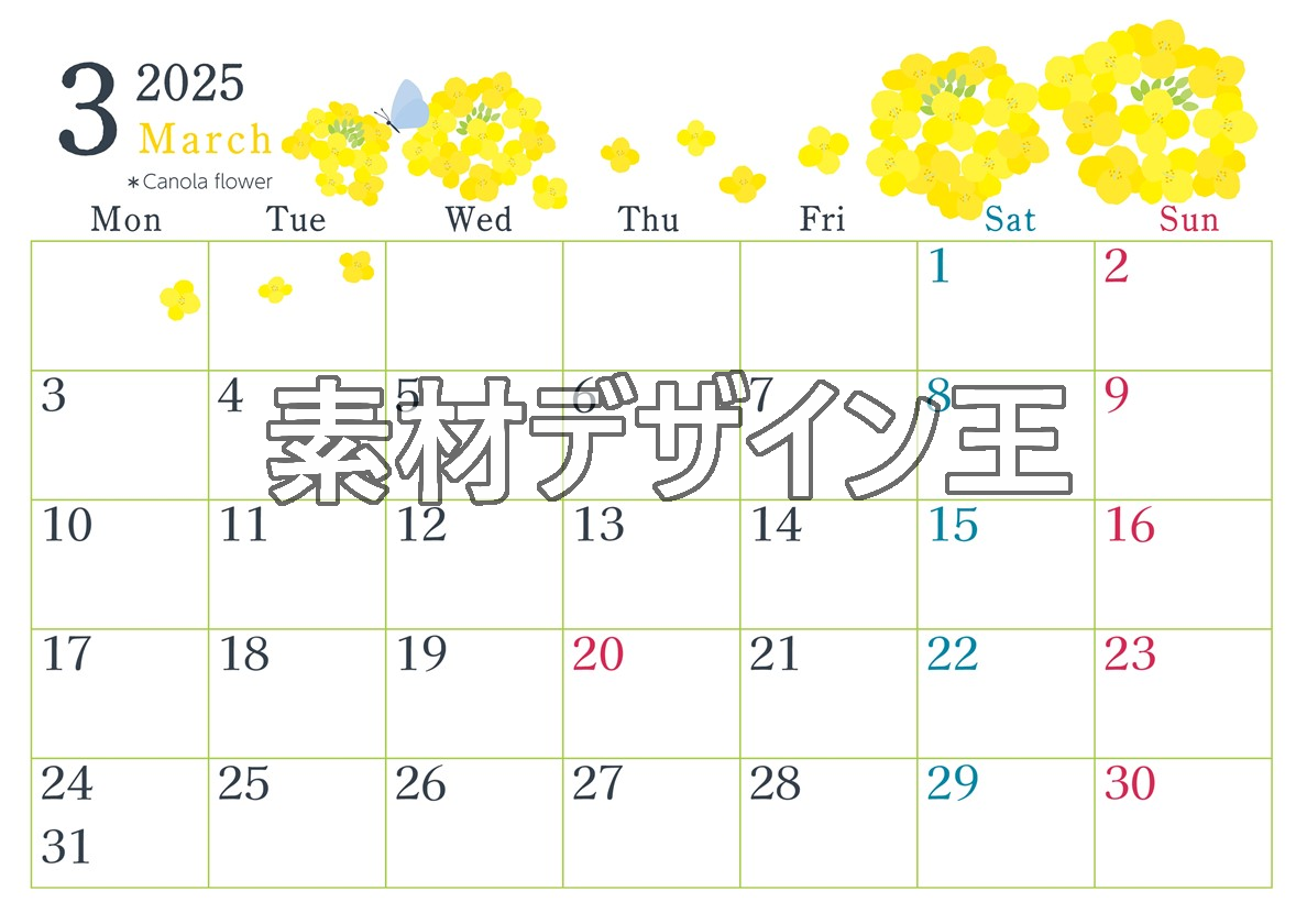 2025年3月横型の月曜始まり 菜の花イラストのかわいいA4無料カレンダー