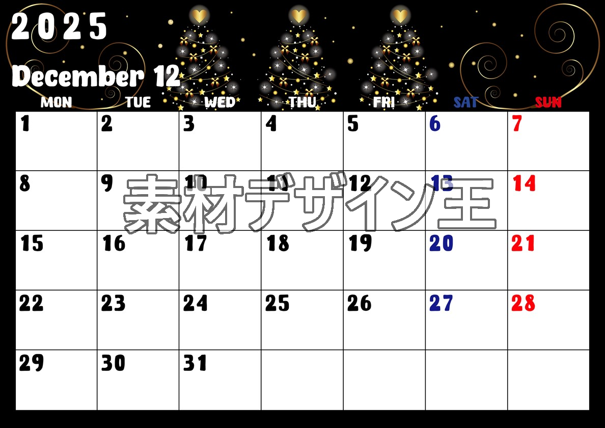 0022-2025年12月カレンダー 横型・月曜始まり