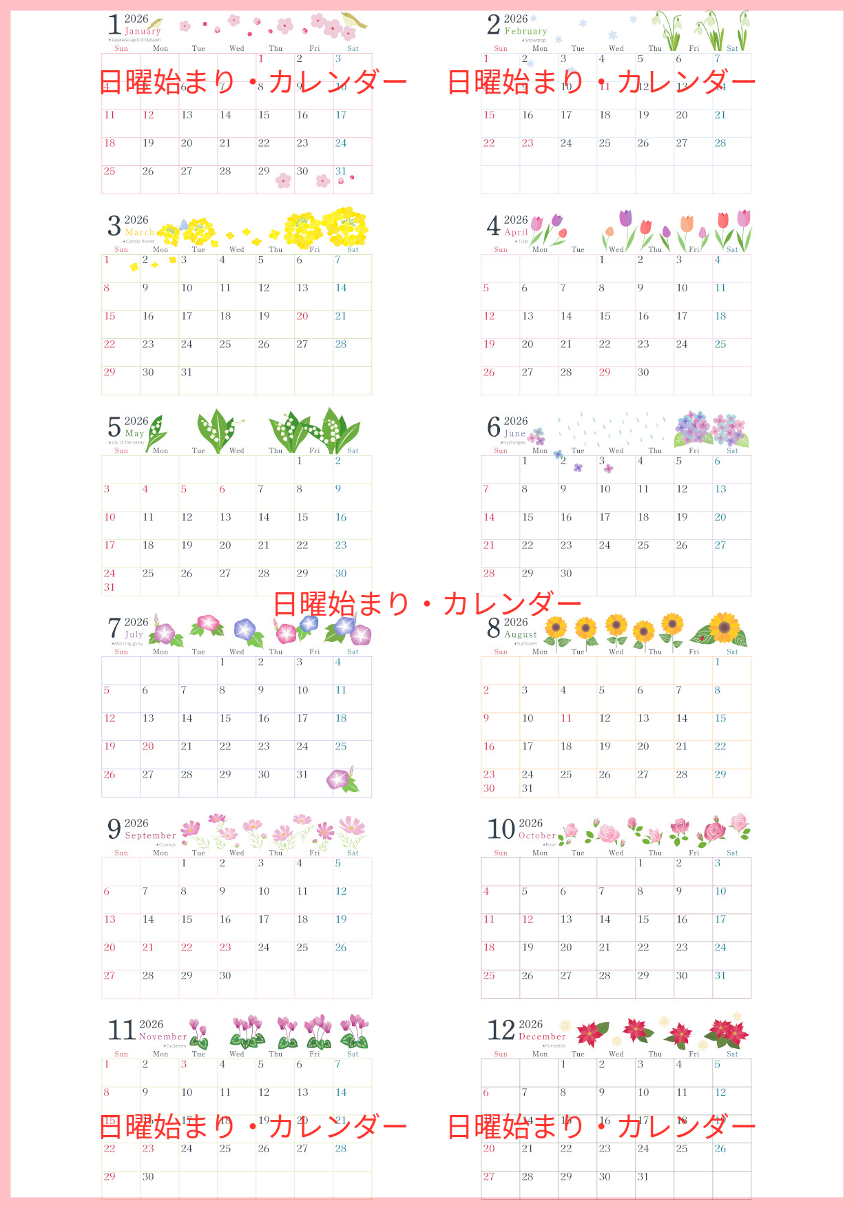 2026年間カレンダー♪A4横型の日曜始まりで季節の草花がかわいい！シンプルで見やすい無料ダウンロード可能！
