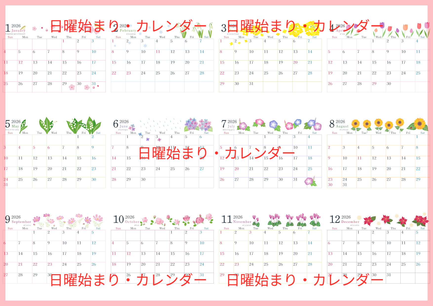 A4一枚で使える2026年間カレンダー♪横向きの日曜始まりで印刷しやすいインク節約デザイン！無料ダウンロードできます！