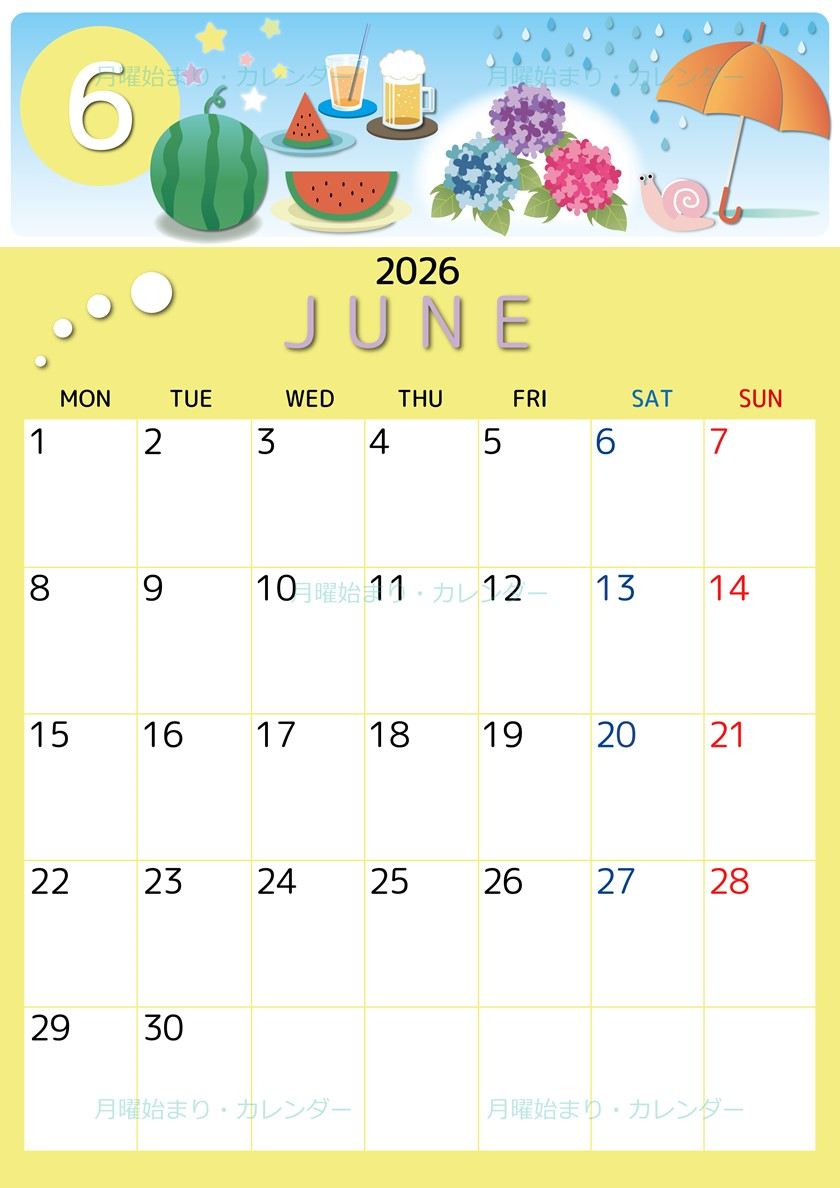 2026年6月縦型の月曜始まり すいかイラストのかわいいA4無料カレンダー