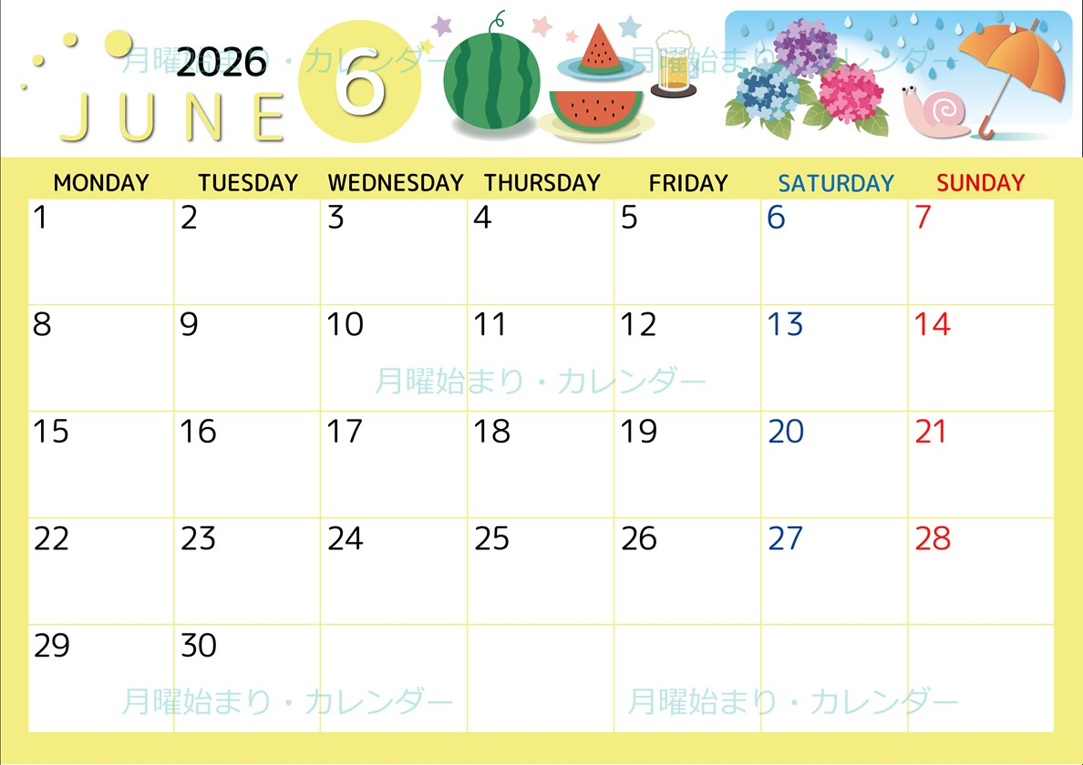 2026年6月横型の月曜始まり すいかイラストのかわいいA4無料カレンダー