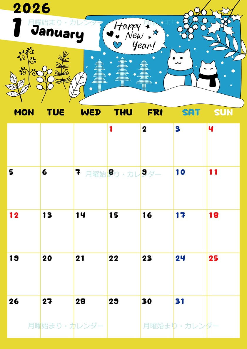 2026年1月縦型の月曜始まり ポップな雪イラストのかわいいA4無料カレンダー
