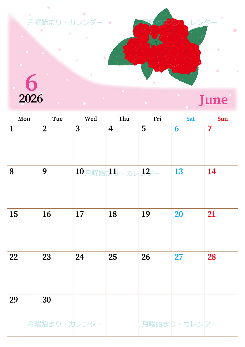 2026年6月縦型の月曜始まり 薔薇イラストのおしゃれA4無料カレンダー