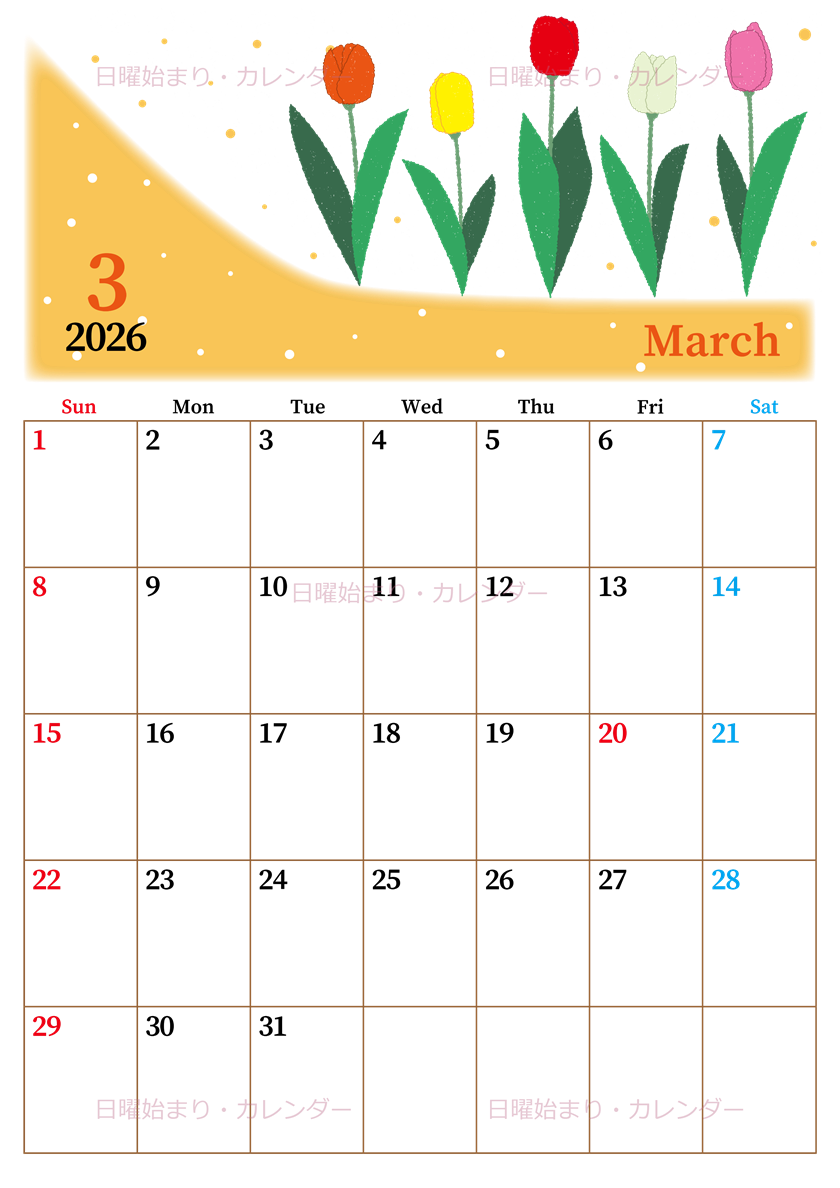 2026年3月縦型の日曜始まり チューリップイラストのおしゃれA4無料カレンダー