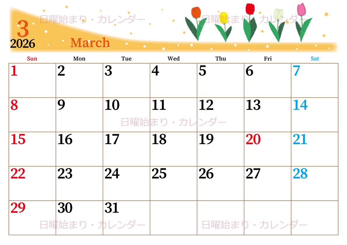 2026年3月横型の日曜始まり チューリップイラストのおしゃれA4無料カレンダー