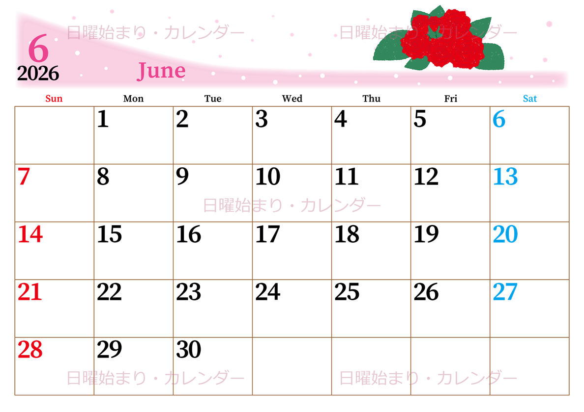 2026年6月横型の日曜始まり 薔薇イラストのおしゃれA4無料カレンダー