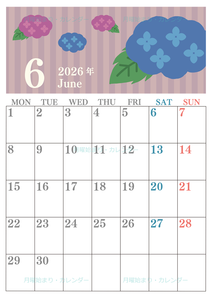 0015-2026年6月カレンダー 縦型・月曜始まり