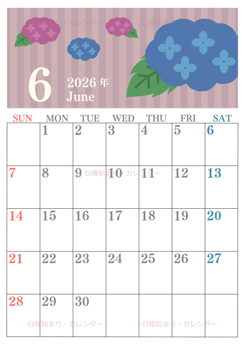 0015-2026年6月カレンダー 縦型・日曜始まり
