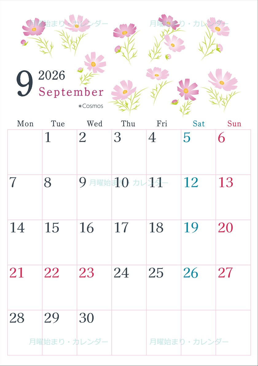 2026年9月縦型の月曜始まり コスモスがかわいいイラストA4無料カレンダー