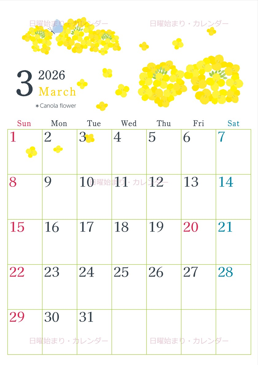 2026年3月縦型の日曜始まり 菜の花イラストのかわいいA4無料カレンダー