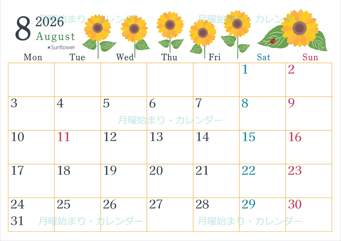 2026年8月横型の月曜始まり 夏の花のイラストがかわいいA4無料カレンダー