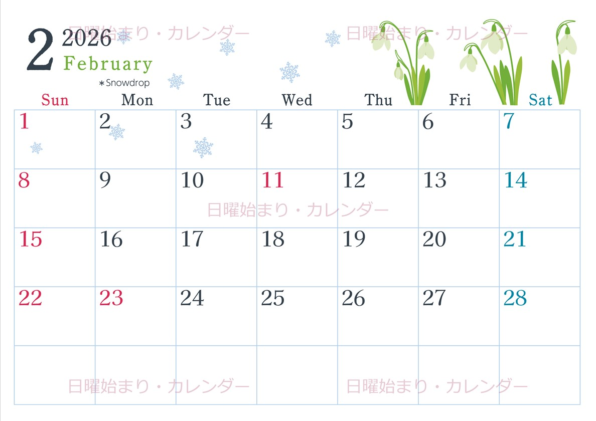 2026年2月横型の日曜始まり 白い花がかわいいイラストA4無料カレンダー