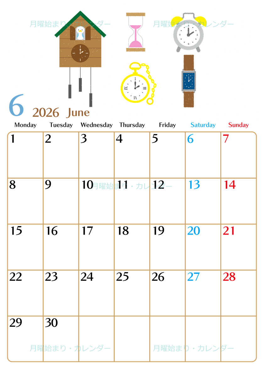 2026年6月縦型の月曜始まり 時計イラストのおしゃれA4無料カレンダー