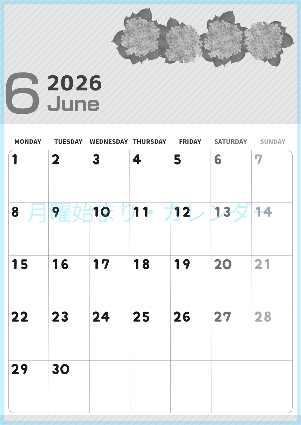 2026年6月縦型モノクロの月曜始まり 季節の花イラストのかわいいA4無料白黒カレンダー(2026-00350611)