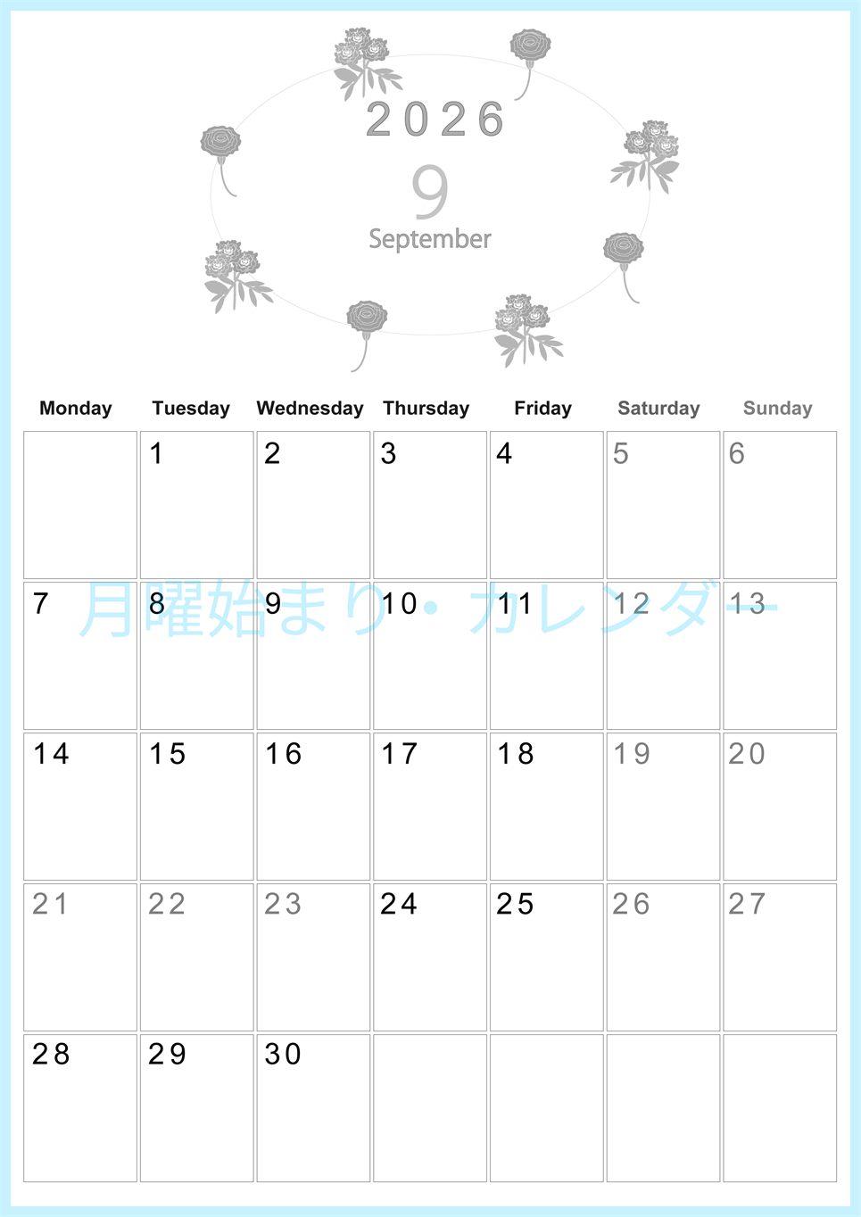 2026年9月縦型モノクロの月曜始まり 花イラストのかわいいA4無料白黒カレンダー(2026-00370911)