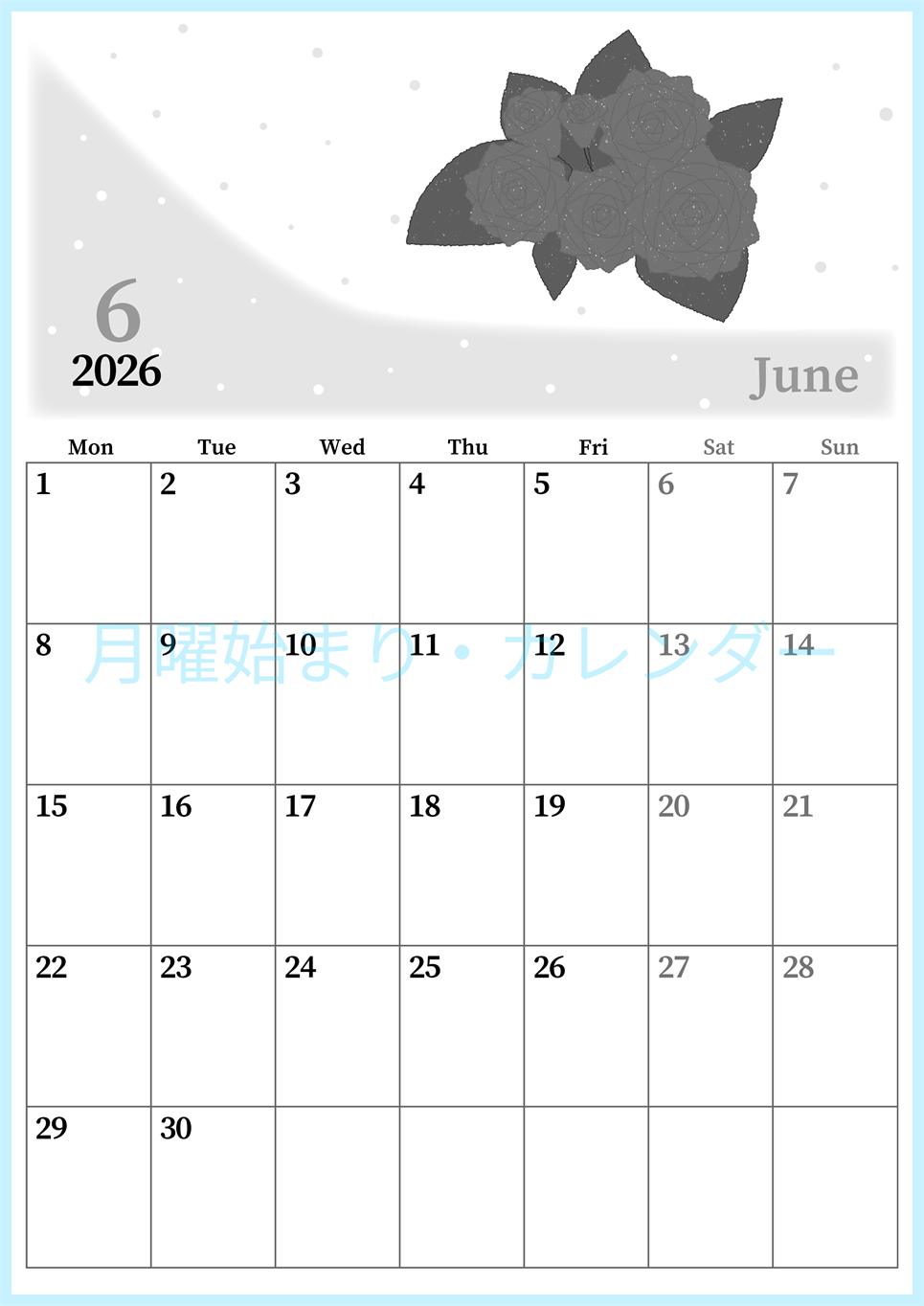2026年6月縦型モノクロの月曜始まり 薔薇イラストのおしゃれA4無料白黒カレンダー(2026-00390611)