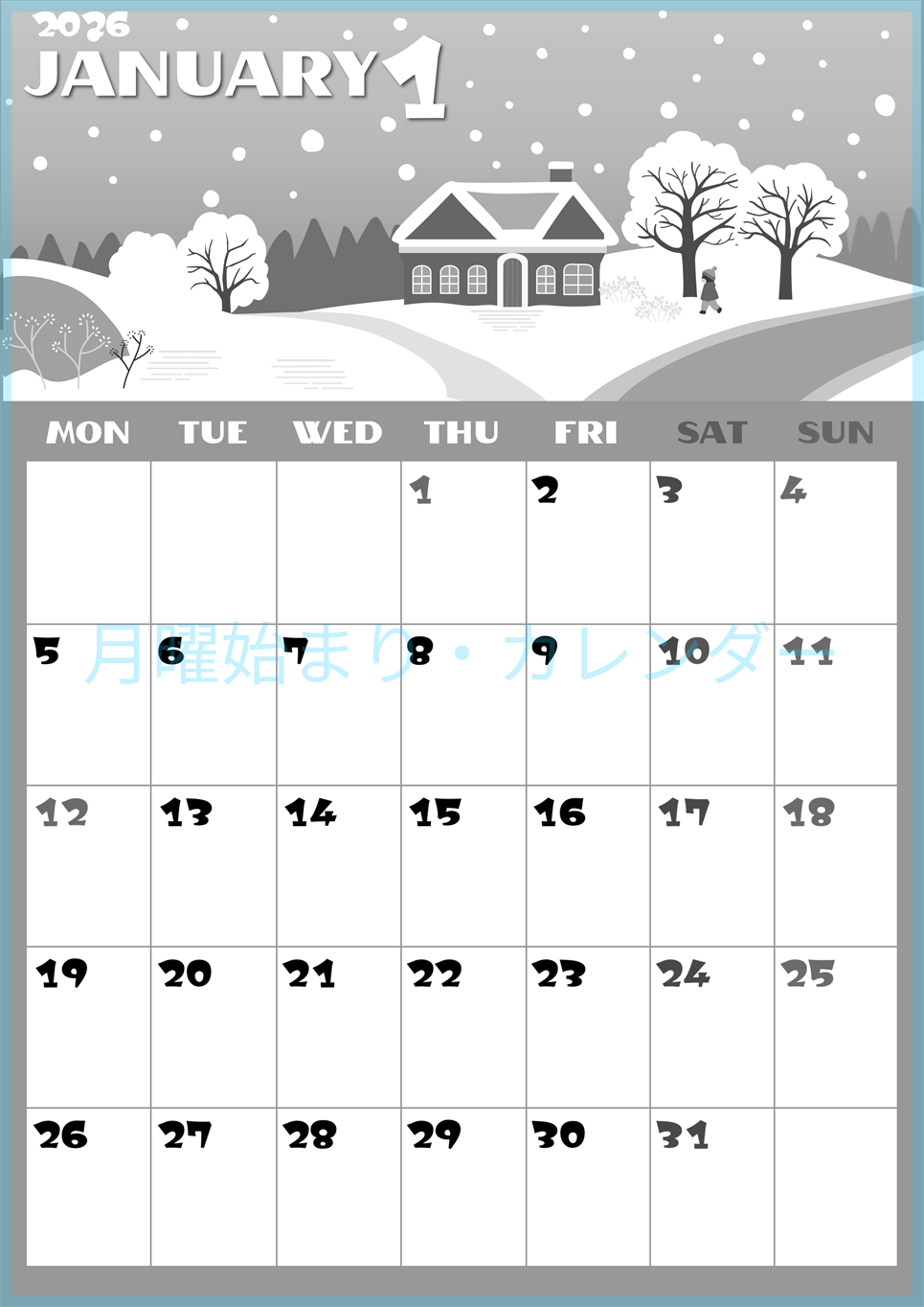2026年1月縦型モノクロの月曜始まり 北欧デザインイラストのかわいいA4無料白黒カレンダー(2026-00400111)