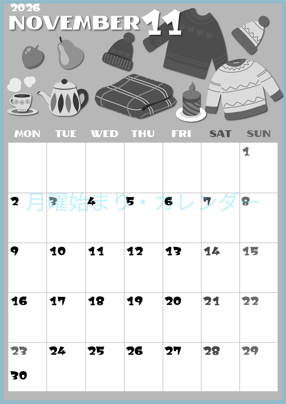 2026年11月縦型モノクロの月曜始まり セーターがかわいいイラストA4無料白黒カレンダー(2026-00401111)