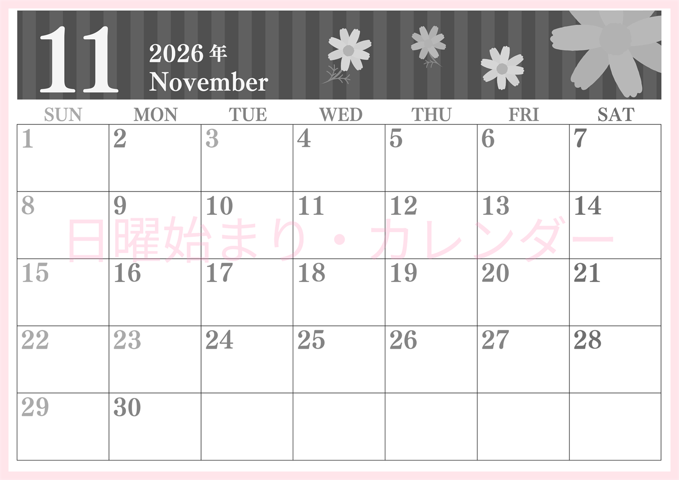 2026年11月横型モノクロの日曜始まり 秋桜イラストのおしゃれA4無料白黒カレンダー(2026-00411100)