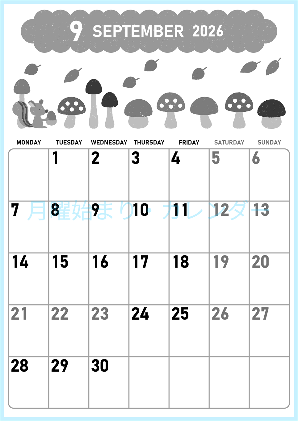 2026年9月縦型モノクロの月曜始まり 秋の季節イラストがかわいいA4無料白黒カレンダー(2026-00420911)