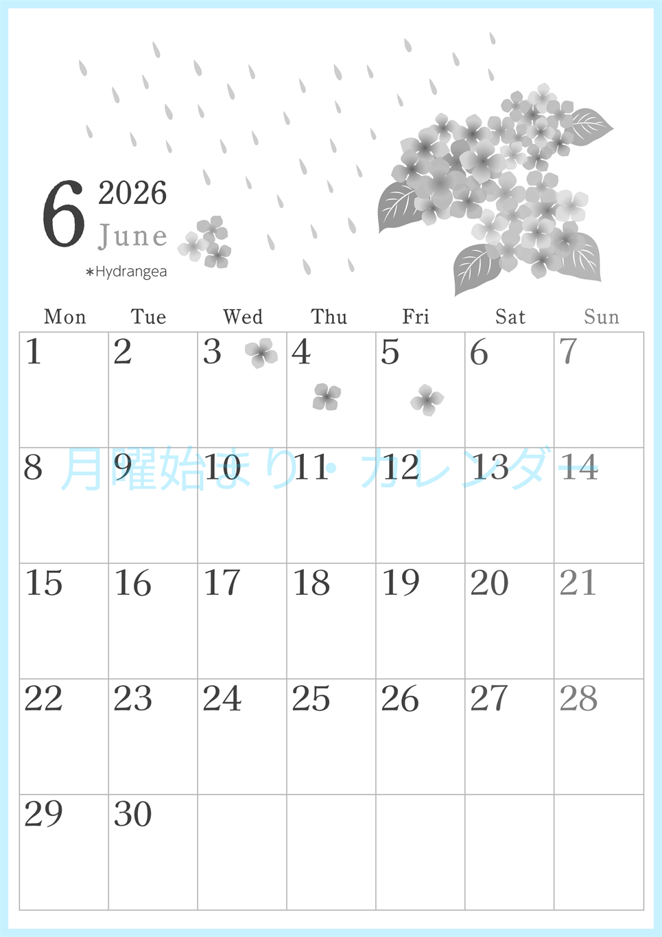 2026年6月縦型モノクロの月曜始まり 梅雨の季節イラストのかわいいA4無料白黒カレンダー(2026-00450611)