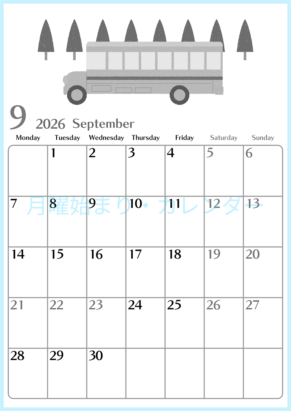 2026年9月縦型モノクロの月曜始まり バスイラストのおしゃれA4無料白黒カレンダー(2026-00470911)