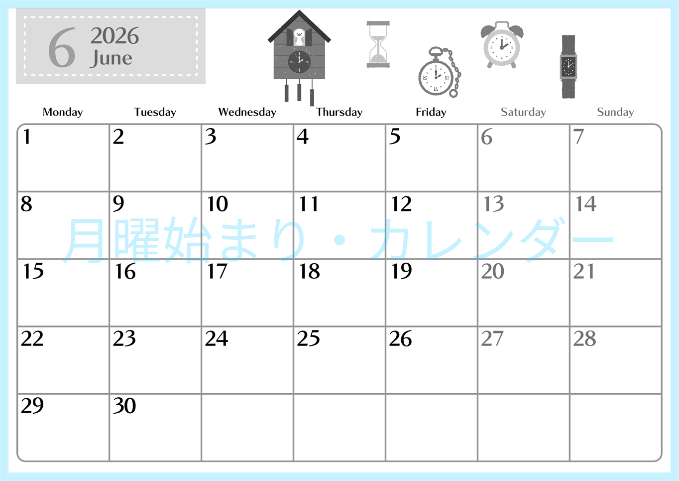 2026年6月横型モノクロの月曜始まり 時計イラストのおしゃれA4無料白黒カレンダー(2026-00470601)