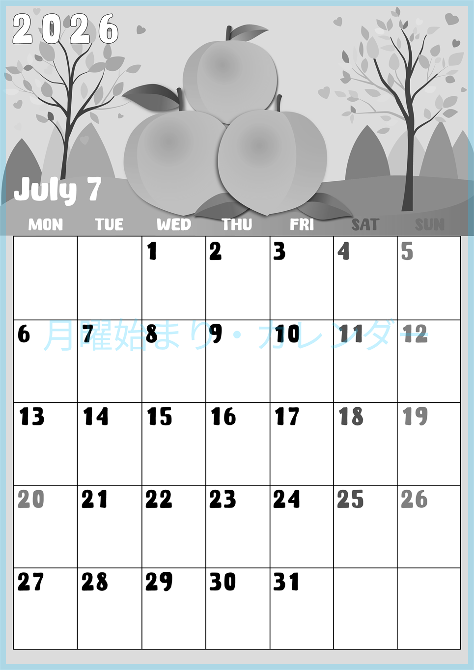 2026年7月縦型モノクロの月曜始まり 桃イラストのかわいいA4無料白黒カレンダー(2026-00480711)