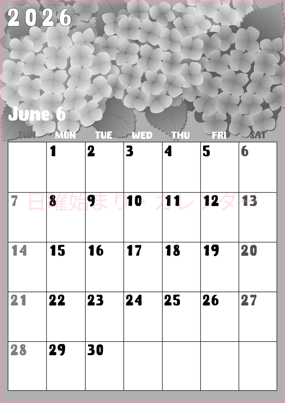 2026年6月縦型モノクロの日曜始まり アジサイイラストのかわいいA4無料白黒カレンダー(2026-00480610)