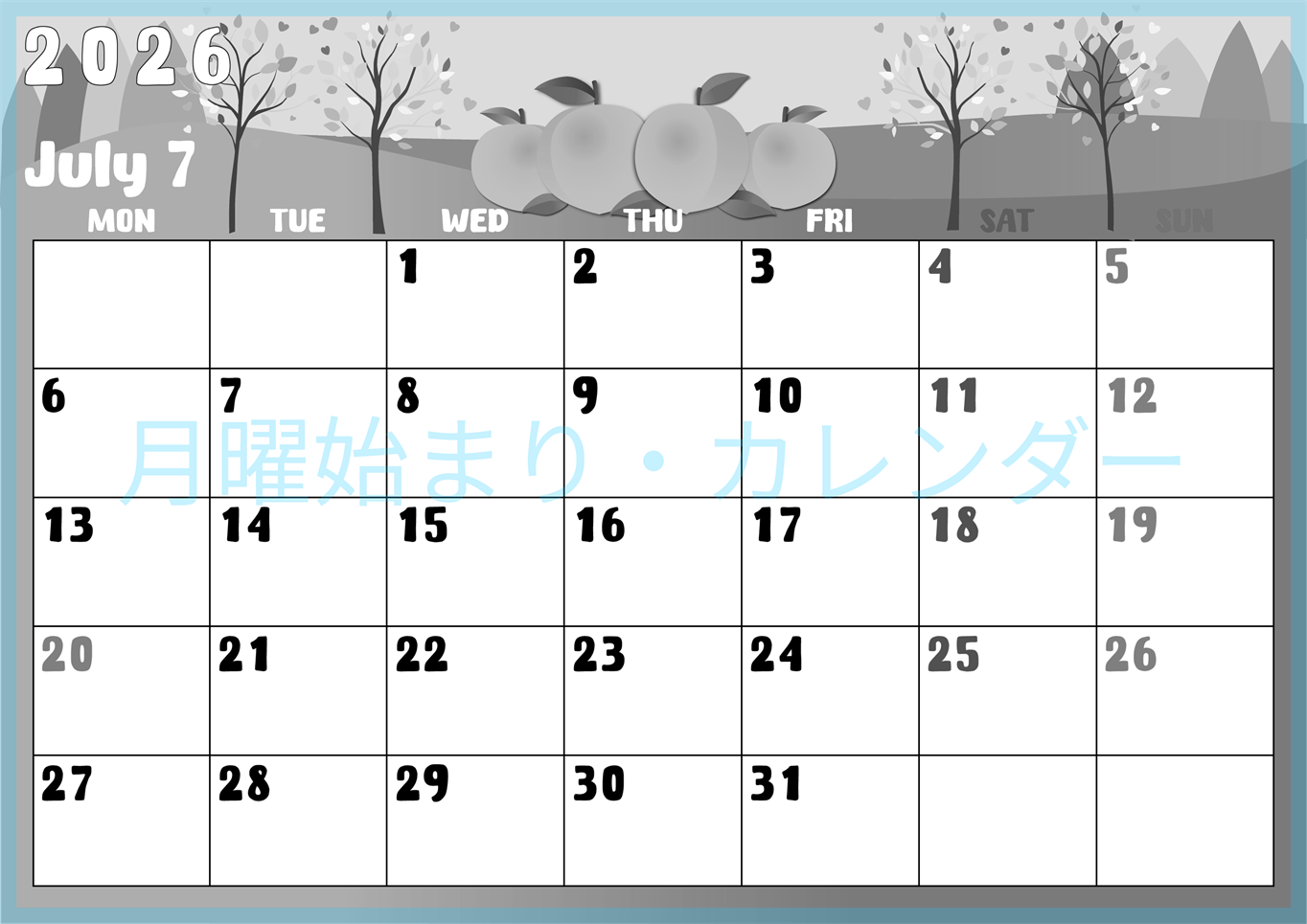 2026年7月横型モノクロの月曜始まり 桃イラストのかわいいA4無料白黒カレンダー(2026-00480701)