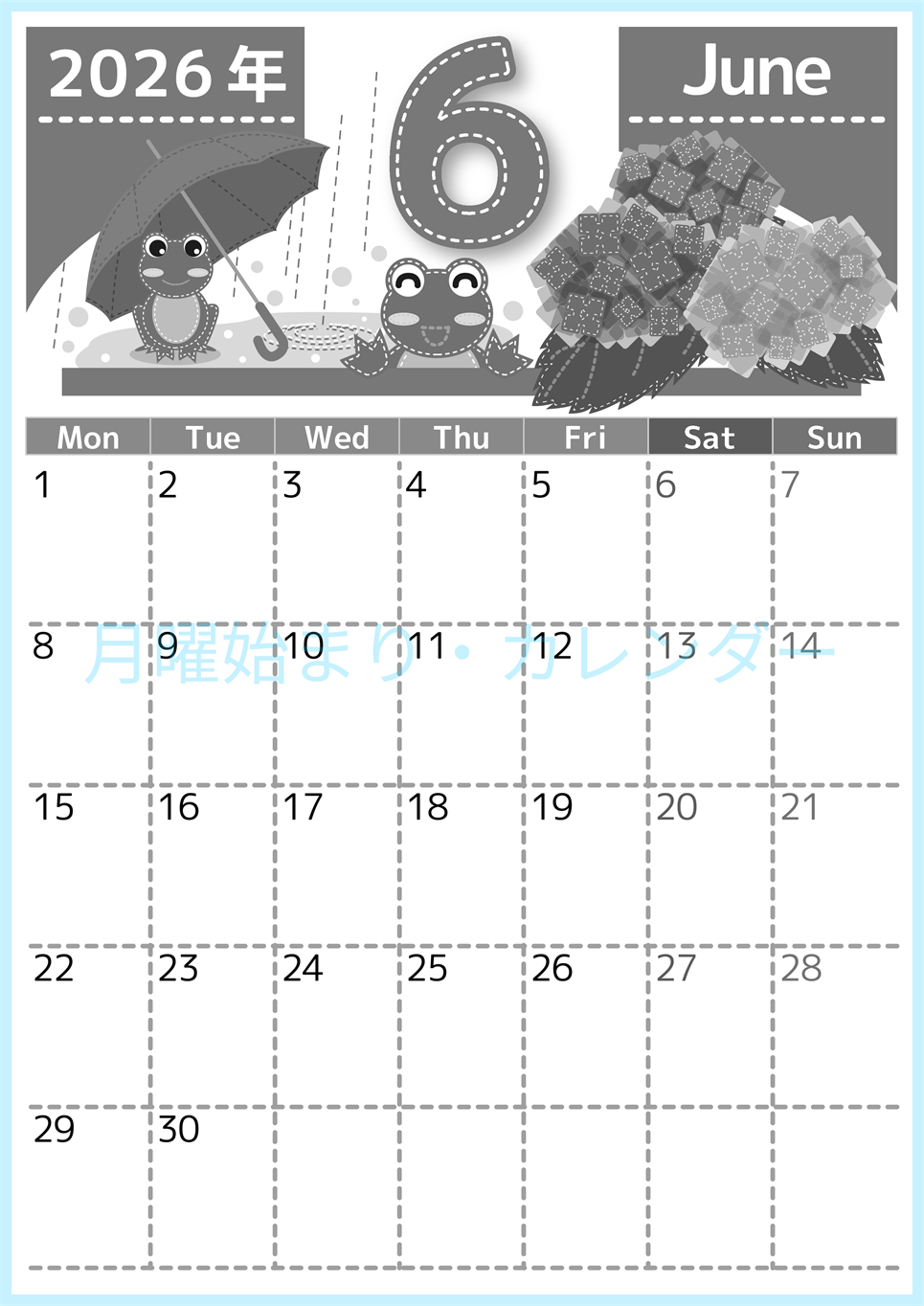 2026年6月縦型モノクロの月曜始まり アマガエルイラストのかわいいA4無料白黒カレンダー(2026-00490611)