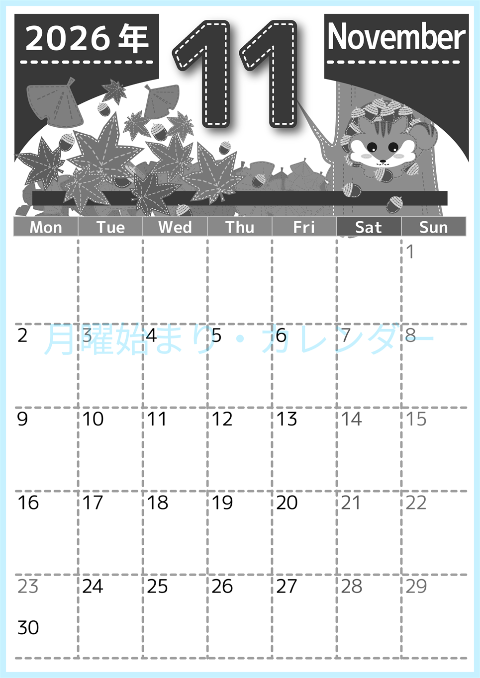 2026年11月縦型モノクロの月曜始まり 紅葉イラストのかわいいA4無料白黒カレンダー(2026-00491111)