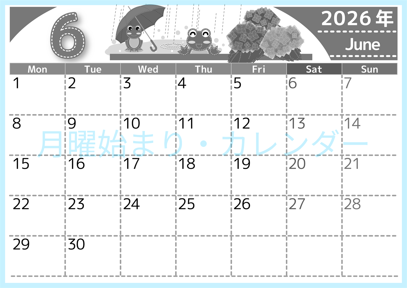 2026年6月横型モノクロの月曜始まり アマガエルイラストのかわいいA4無料白黒カレンダー(2026-00490601)