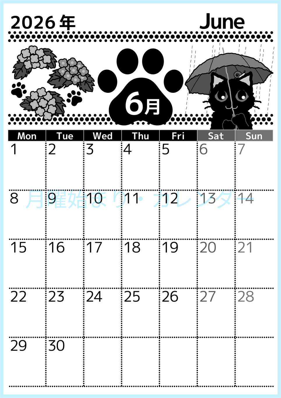 2026年6月縦型モノクロの月曜始まり 猫イラストのかわいいA4無料白黒カレンダー(2026-00520611)