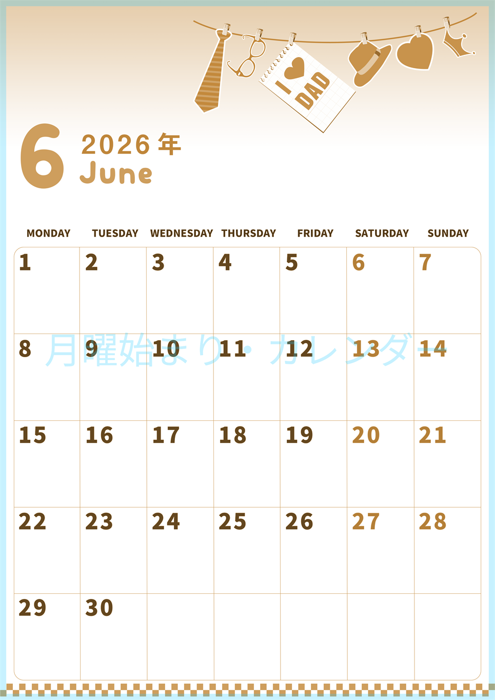 2026年6月縦型レトロな月曜始まり 父の日イラストのかわいいA4無料セピア調カレンダー(2026-00570611)