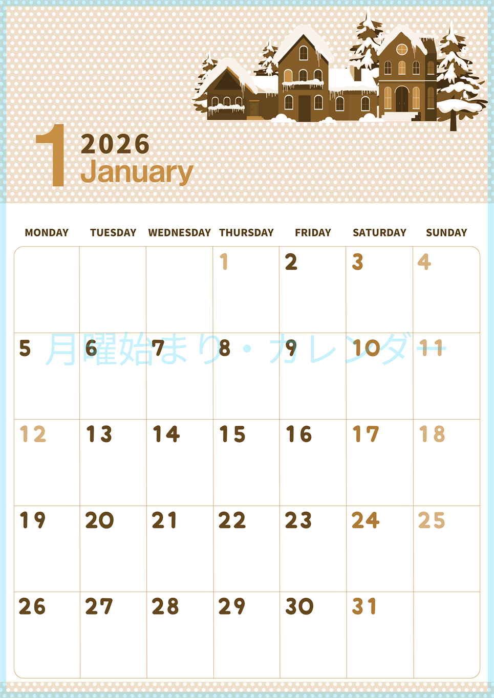 2026年1月縦型レトロな月曜始まり 雪とドットのイラストおしゃれA4無料セピア調カレンダー(2026-00580111)