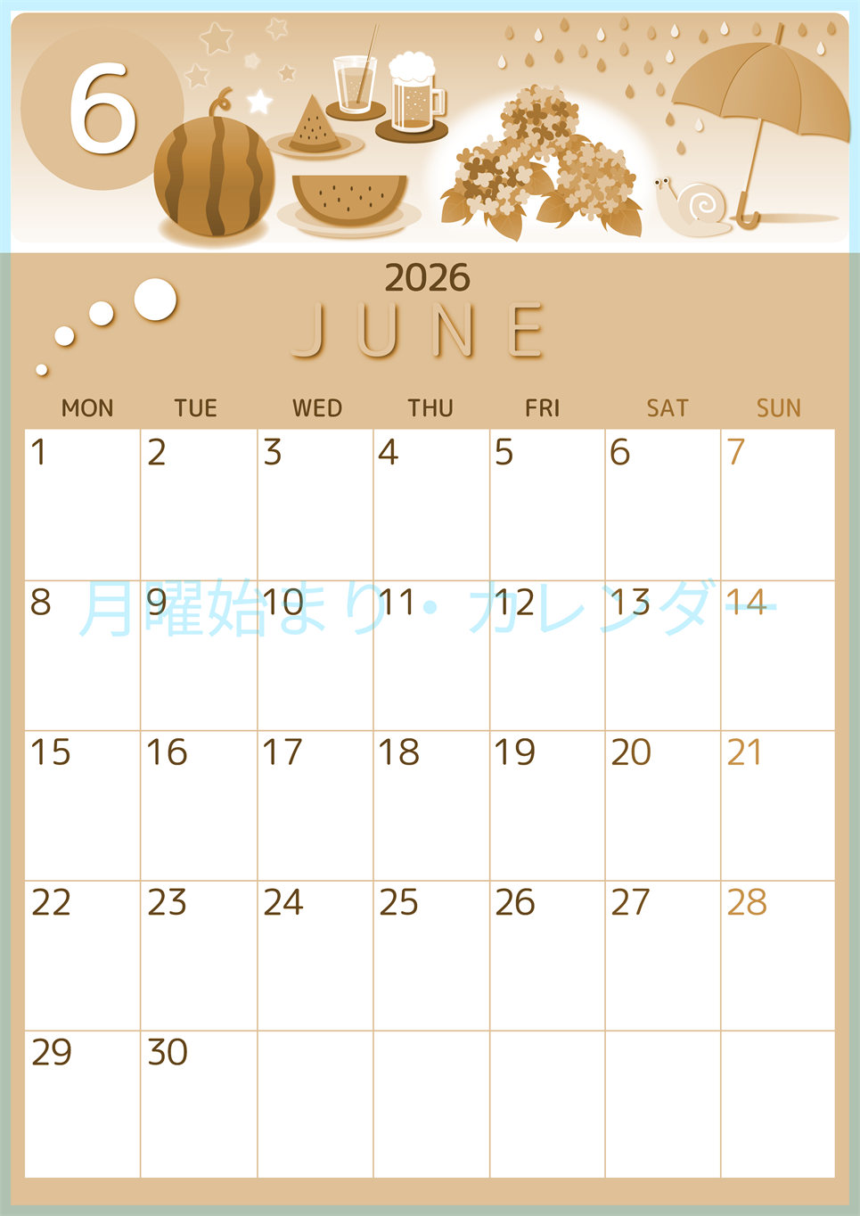 2026年6月縦型レトロな月曜始まり すいかイラストのかわいいA4無料セピア調カレンダー(2026-00600611)