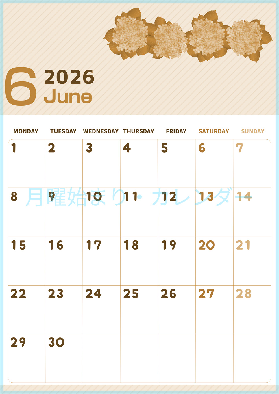 2026年6月縦型レトロな月曜始まり 季節の花イラストのかわいいA4無料セピア調カレンダー(2026-00610611)