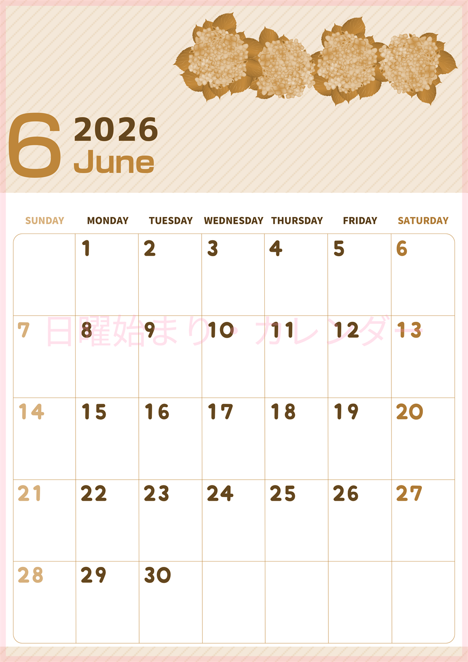 2026年6月縦型レトロな日曜始まり 季節の花イラストのかわいいA4無料セピア調カレンダー(2026-00610610)
