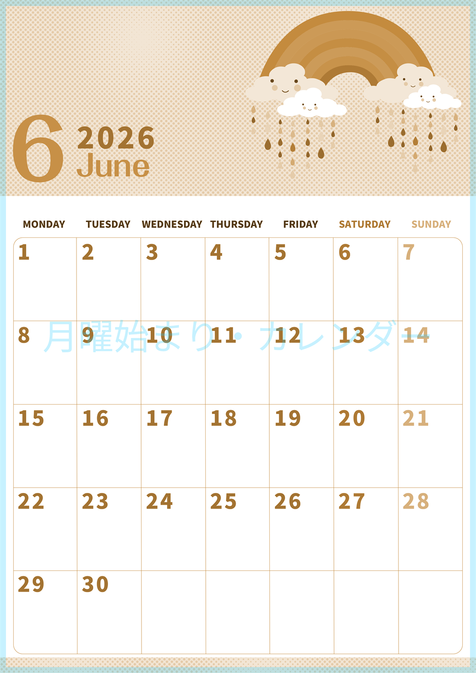 2026年6月縦型レトロな月曜始まり 雨雲イラストのかわいいA4無料セピア調カレンダー(2026-00620611)