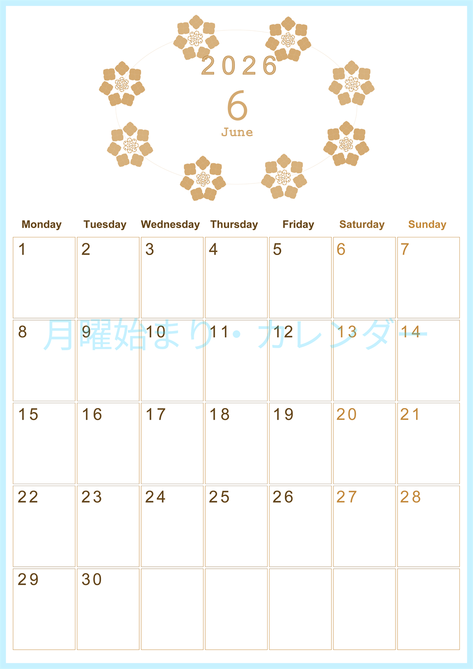 2026年6月縦型レトロな月曜始まり あじさいイラストのかわいいA4無料セピア調カレンダー(2026-00630611)
