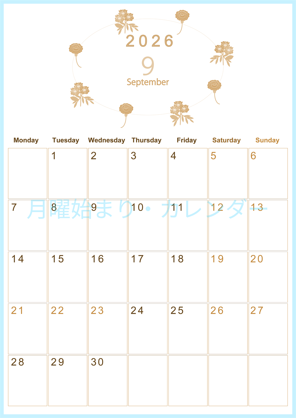 2026年9月縦型レトロな月曜始まり 花イラストのかわいいA4無料セピア調カレンダー(2026-00630911)