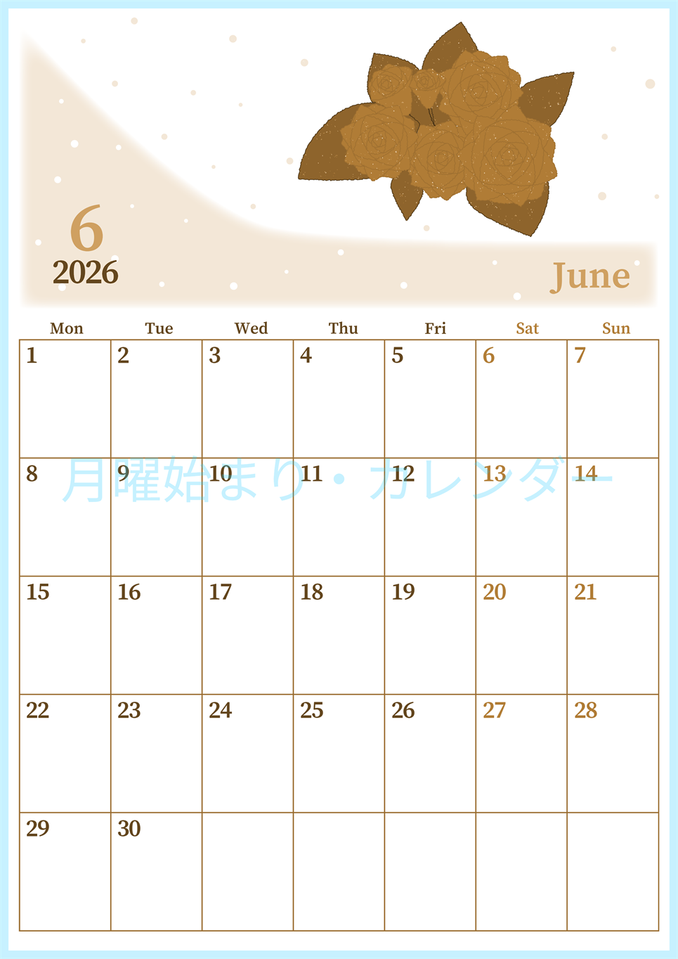 2026年6月縦型レトロな月曜始まり 薔薇イラストのおしゃれA4無料セピア調カレンダー(2026-00650611)