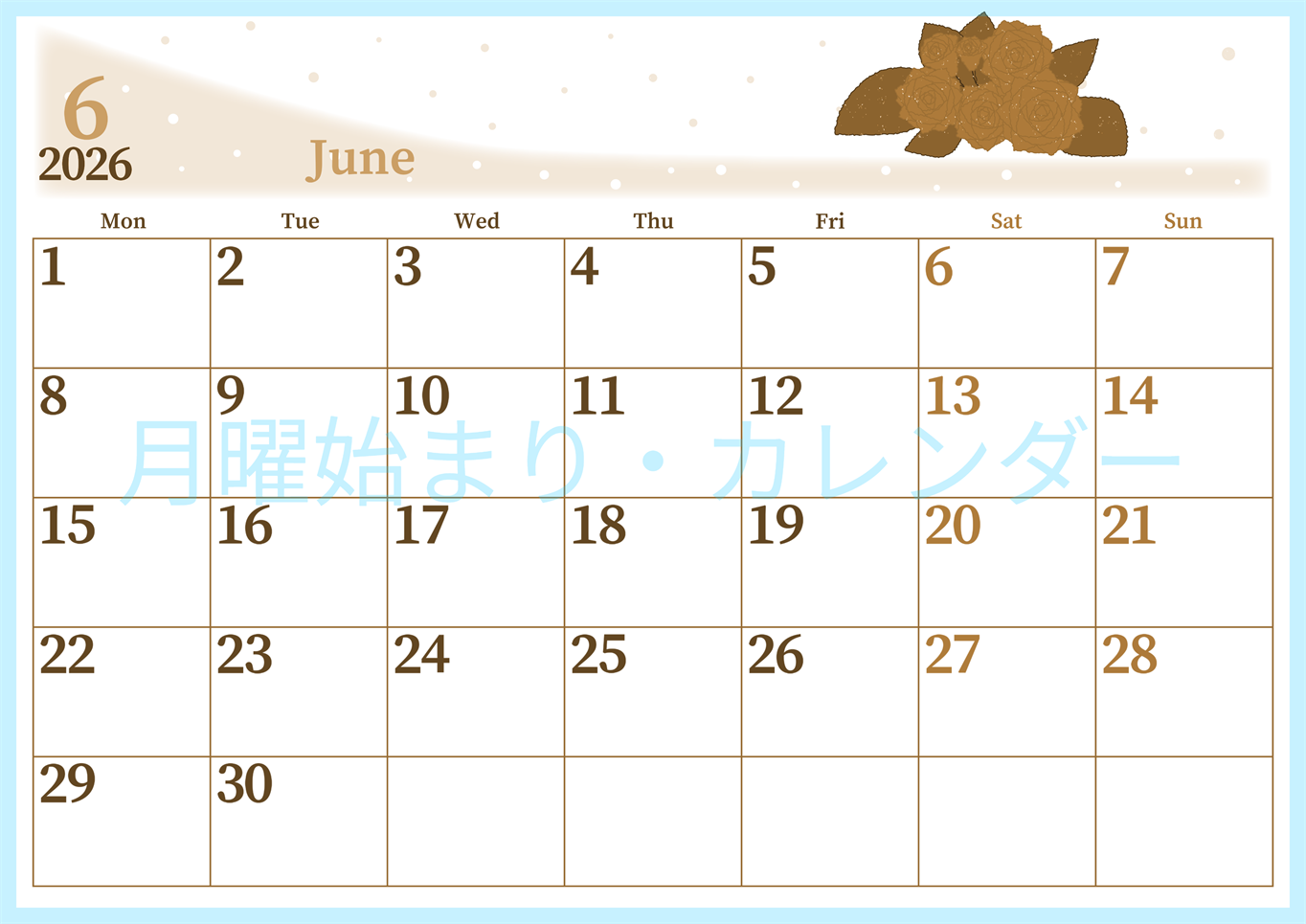 2026年6月横型レトロな月曜始まり 薔薇イラストのおしゃれA4無料セピア調カレンダー(2026-00650601)