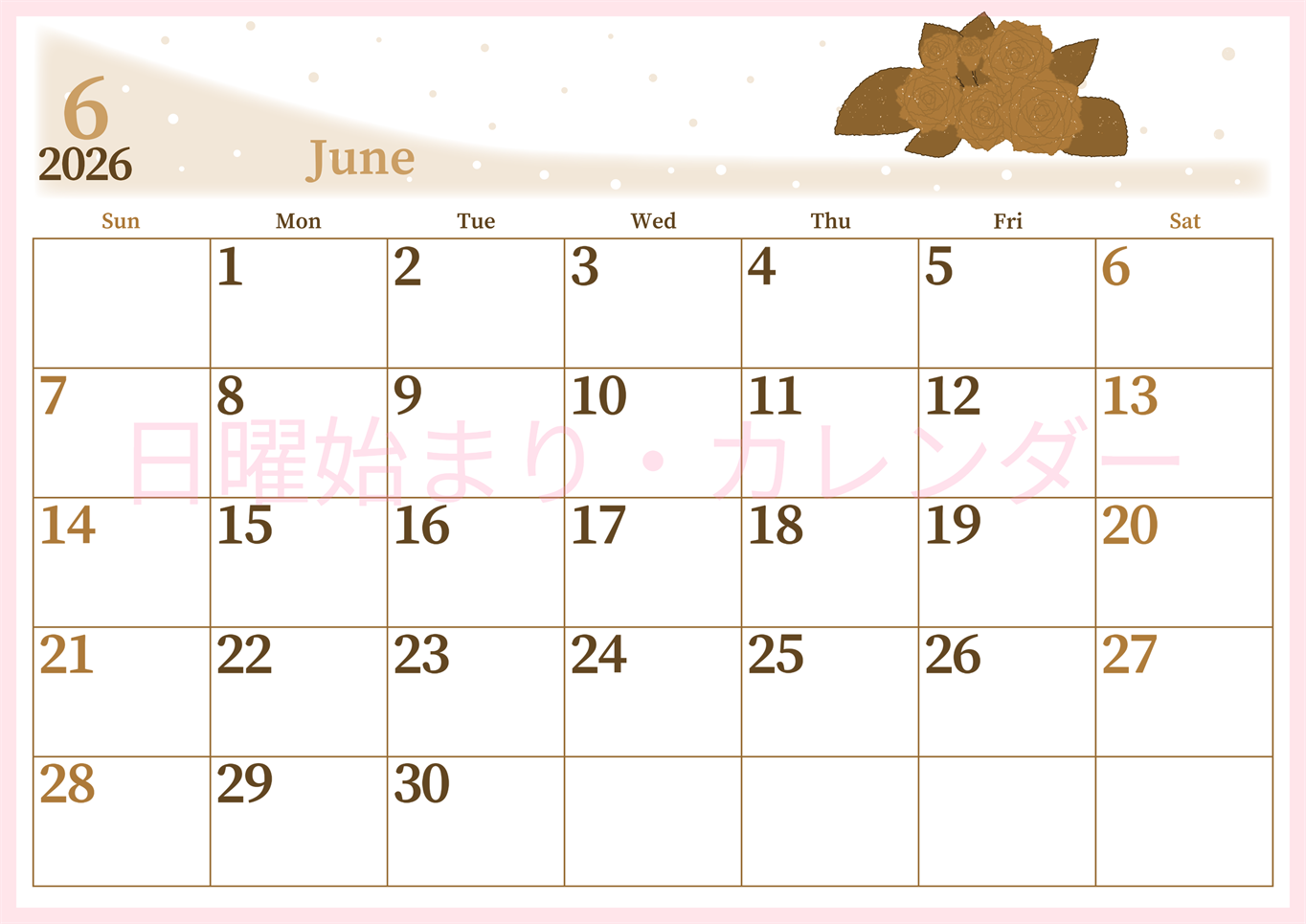 2026年6月横型レトロな日曜始まり 薔薇イラストのおしゃれA4無料セピア調カレンダー(2026-00650600)
