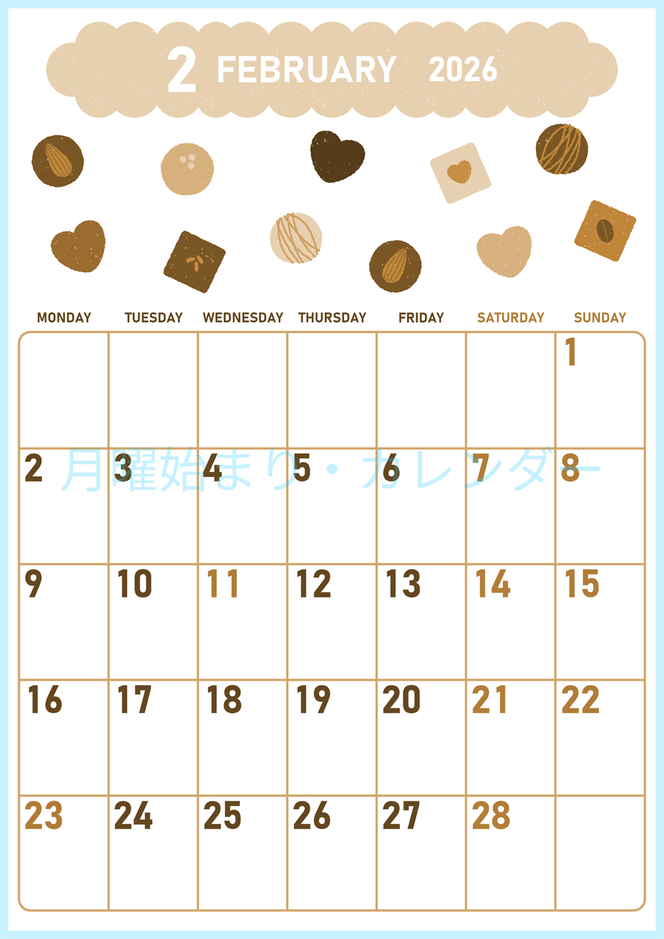2026年2月縦型レトロな月曜始まり チョコのイラストがかわいいA4無料セピア調カレンダー(2026-00680211)