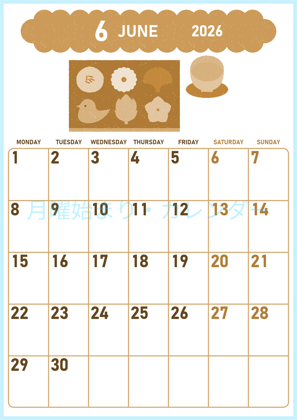 2026年6月縦型レトロな月曜始まり 和菓子イラストのかわいいA4無料セピア調カレンダー(2026-00680611)